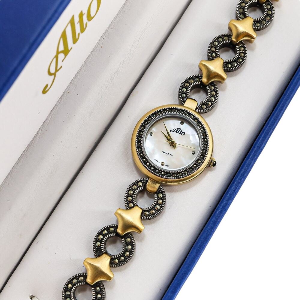 Alto Womens Watch 8062 MOP Dial 2 Tone Band Marcasites Art Deco Style With Box